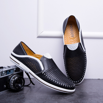 Vīriešu ādas loaferi ar elpojošu dizainu, augšējā daļa no liellopa ādas, apaļa purngala, gumijas zole, bez aizdares