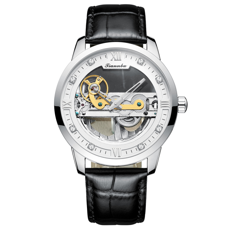 Muški sat s potpuno automatskim skeletnim mehanizmom, kožni kaiš, vodootpornost 10 m i prozorno stražnje kućište