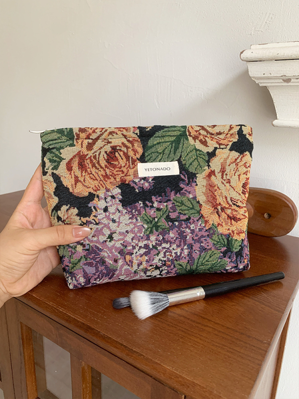 Yetonado kozmetička torbica s izšivanim cvjetnim uzorkom – Veliki kapacitet, Prenosni organizator za kozmetiku, Poliester s podlogom od platna