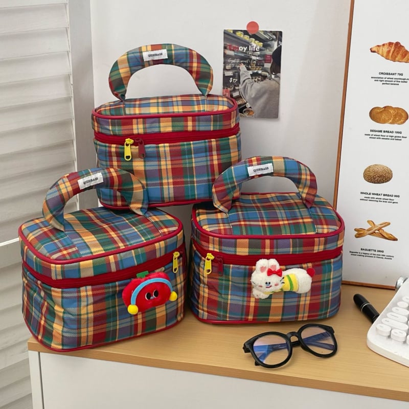 Kozmetička torbica s kariranim uzorkom, Oxford tkanina, podstava od poliestera, ultra lagana, proljeće 2025