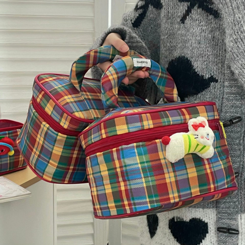 Kozmetička torbica s kariranim uzorkom, Oxford tkanina, podstava od poliestera, ultra lagana, proljeće 2025