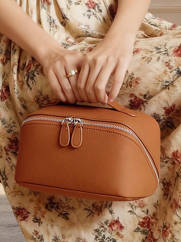 Kozmetička torbica od kože prvog sloja, gradski minimalistički stil, zatvarač, podstava od poliestera i pamuka