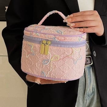 Kozmetička torbica s više slojeva odjeljaka, poliester, uzorak zvijezda, podstava od pamuka, veliki kapacitet, prenosna