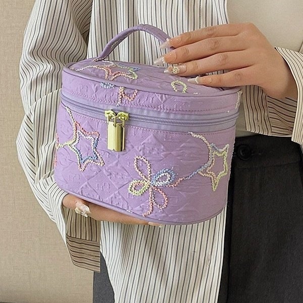 Kozmetička torbica s više slojeva odjeljaka, poliester, uzorak zvijezda, podstava od pamuka, veliki kapacitet, prenosna