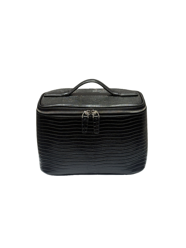 Make-up torbica od prave kože za putovanja, jednobojni uzorak, podstava od platna, zatvarač, velika kapaciteta, iz prvog sloja teleće kože