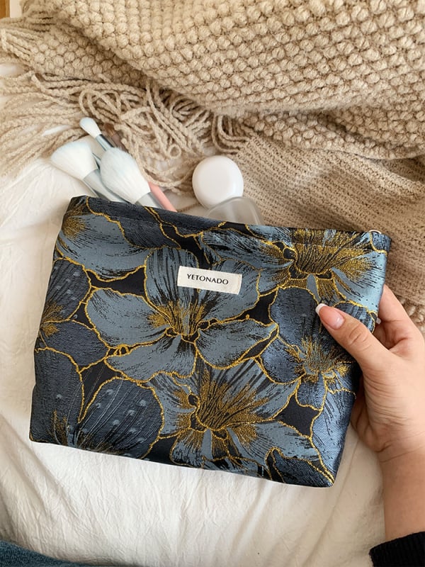 Kozmetická taška s reliéfnym kvetinovým vzorom, retro štýl, veľká kapacita, polyester s podšívkou z plátna, prenosný clutch YETONADO pre ženy