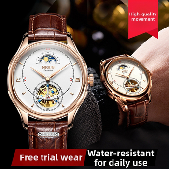 Potpuno automatski mehanički sat s prozirnim prozorom, kućište od nehrđajućeg čelika, kožni remen, vodootpornost 50 m, prozirni stražnji poklopac