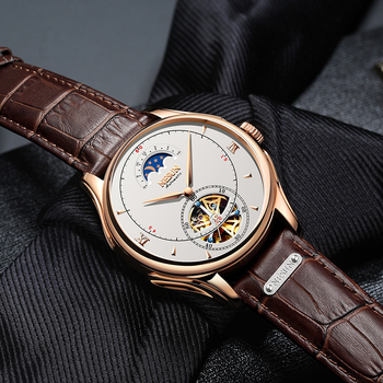 Potpuno automatski mehanički sat s prozirnim prozorom, kućište od nehrđajućeg čelika, kožni remen, vodootpornost 50 m, prozirni stražnji poklopac