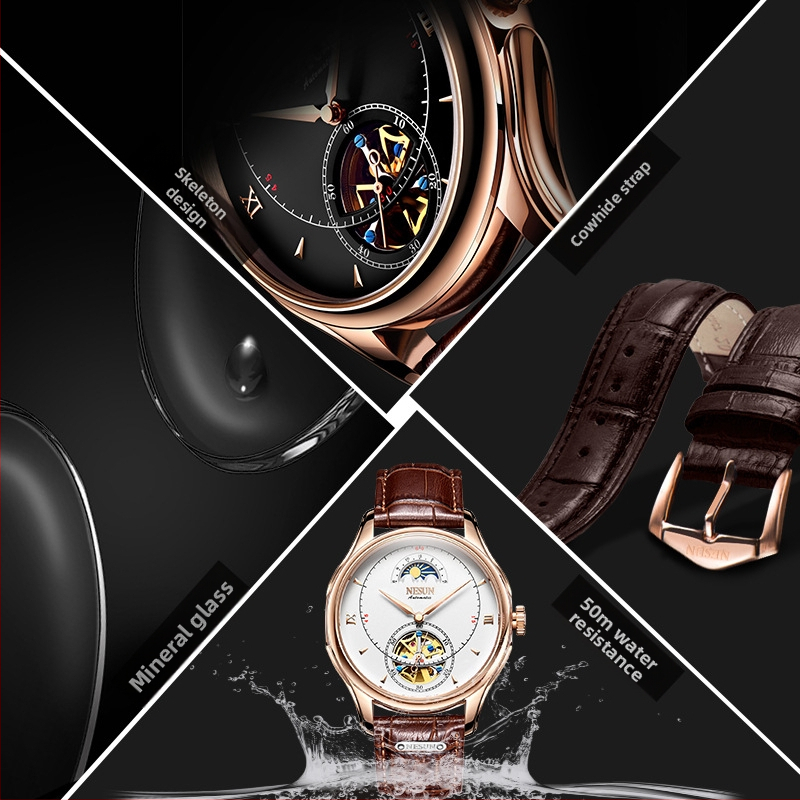 Potpuno automatski mehanički sat s prozirnim prozorom, kućište od nehrđajućeg čelika, kožni remen, vodootpornost 50 m, prozirni stražnji poklopac