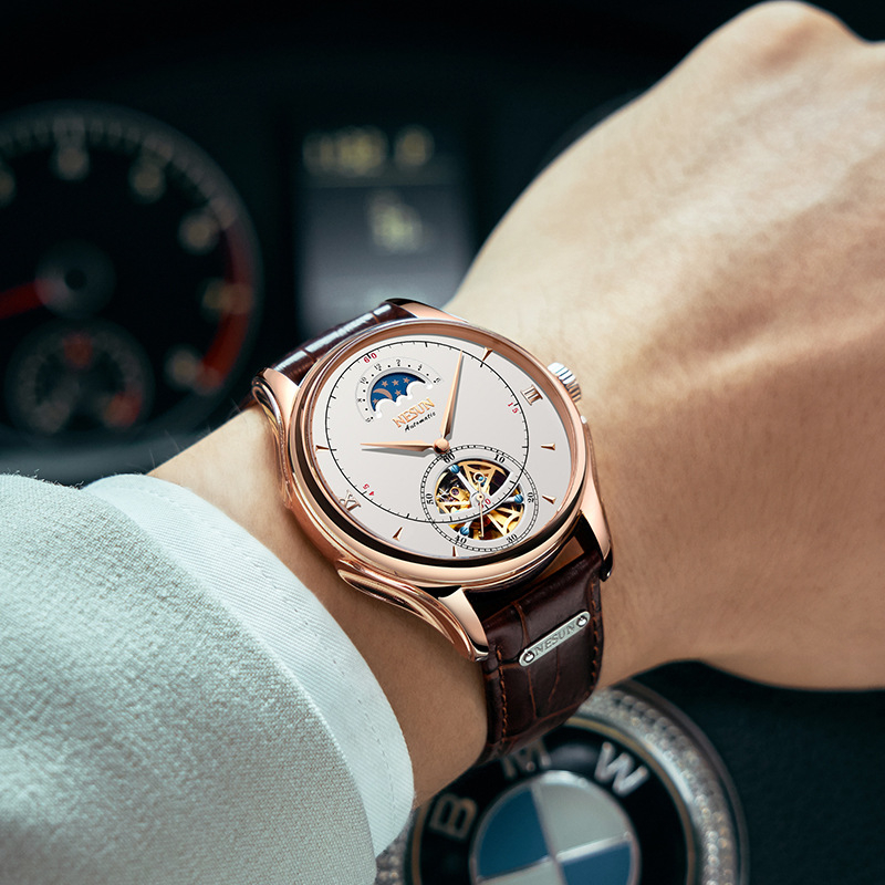 Potpuno automatski mehanički sat s prozirnim prozorom, kućište od nehrđajućeg čelika, kožni remen, vodootpornost 50 m, prozirni stražnji poklopac