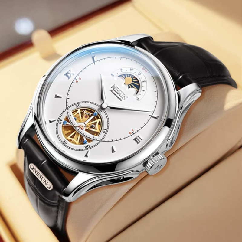 Potpuno automatski mehanički sat s prozirnim prozorom, kućište od nehrđajućeg čelika, kožni remen, vodootpornost 50 m, prozirni stražnji poklopac