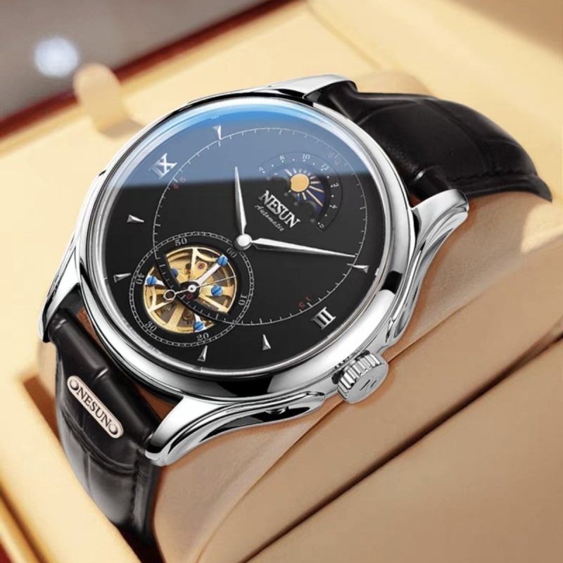 Potpuno automatski mehanički sat s prozirnim prozorom, kućište od nehrđajućeg čelika, kožni remen, vodootpornost 50 m, prozirni stražnji poklopac