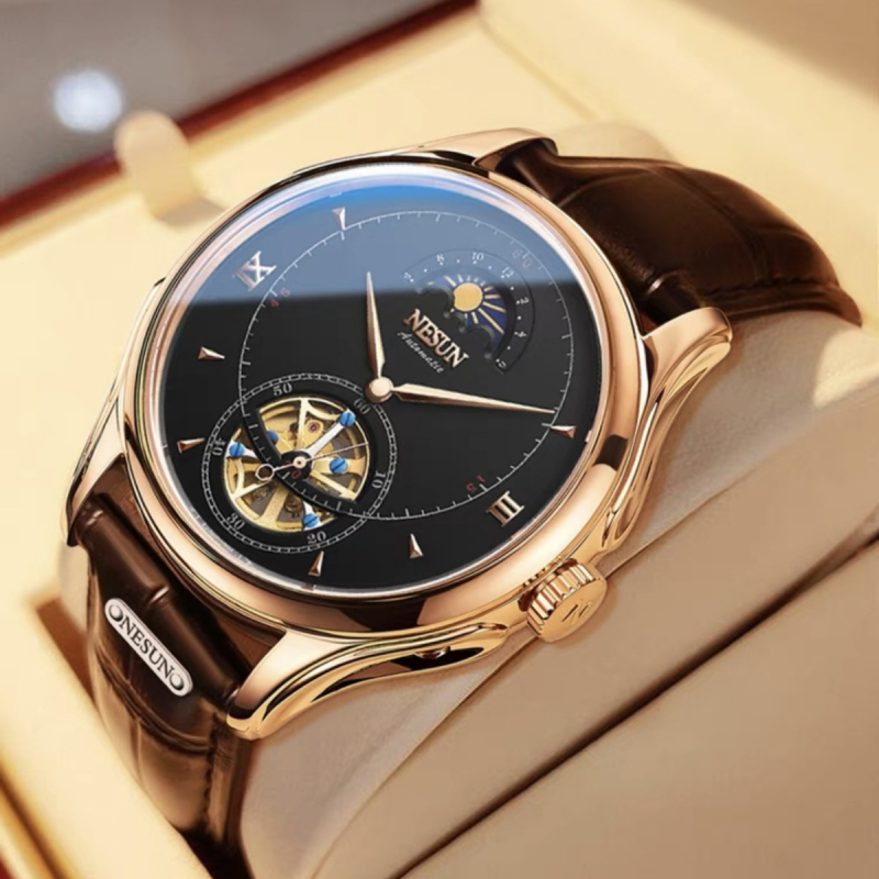 Potpuno automatski mehanički sat s prozirnim prozorom, kućište od nehrđajućeg čelika, kožni remen, vodootpornost 50 m, prozirni stražnji poklopac