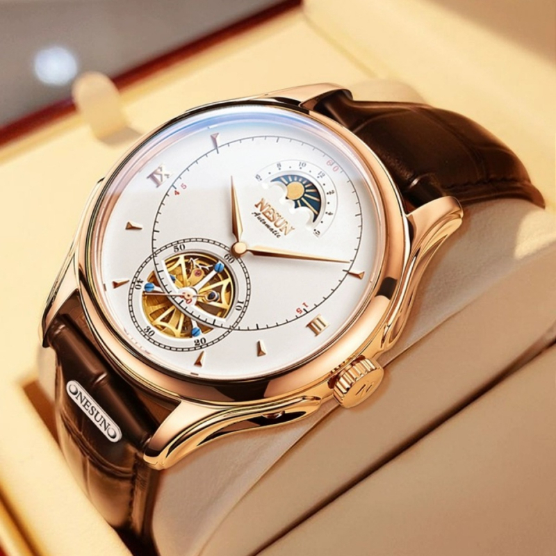 Potpuno automatski mehanički sat s prozirnim prozorom, kućište od nehrđajućeg čelika, kožni remen, vodootpornost 50 m, prozirni stražnji poklopac