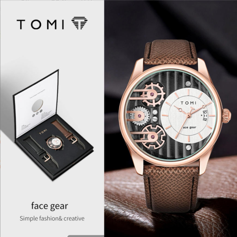 TomI muški kvarcni sat, model T106, kožni kaiš, okrugli cifernik, kućište od legure