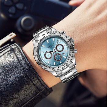Automatický mechanický chronograf s kalendárom, chronograf s tromi ciferníkmi, kalibr 1954, puzdro z nehrdzavejúcej ocele a náramok