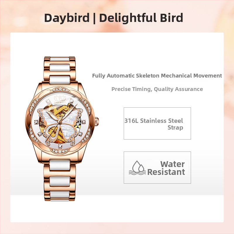 Daybird dámske automatické skeletové hodinky s keramickým remienkom, motýľovou sponou, skeleton dial, 30m vodotesnosť