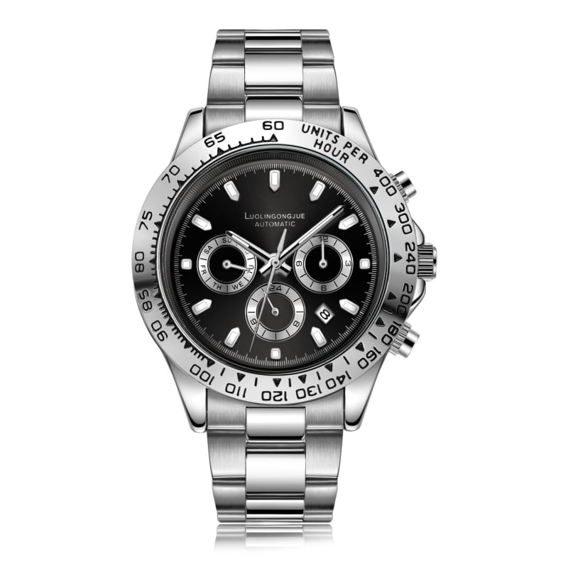 Pánske automatické mechanické hodinky s chronografom a kalendárom, s luminiscenčným displejom — tri subčíselníky chronografu, pohon 1954, odolnosť voči vode 30 m