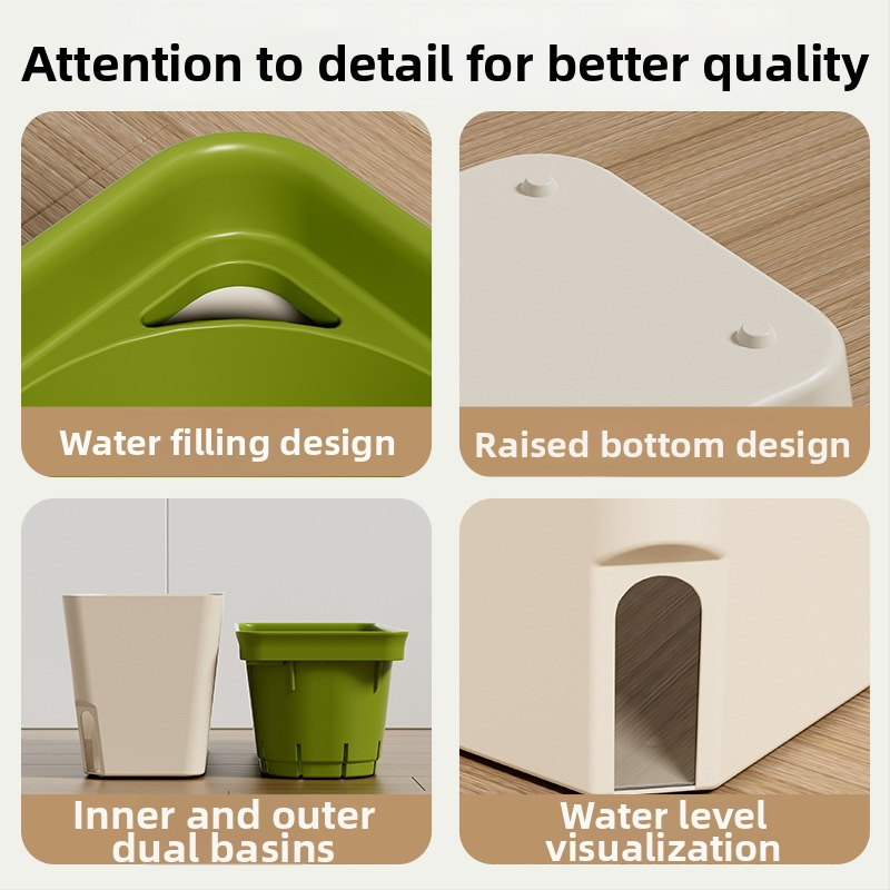 Japonijos stiliaus savarankiškai laistantis vazonas su keliais skyliais, iš plastiko, injekcinio liejimo pagamintas, biuro stalui