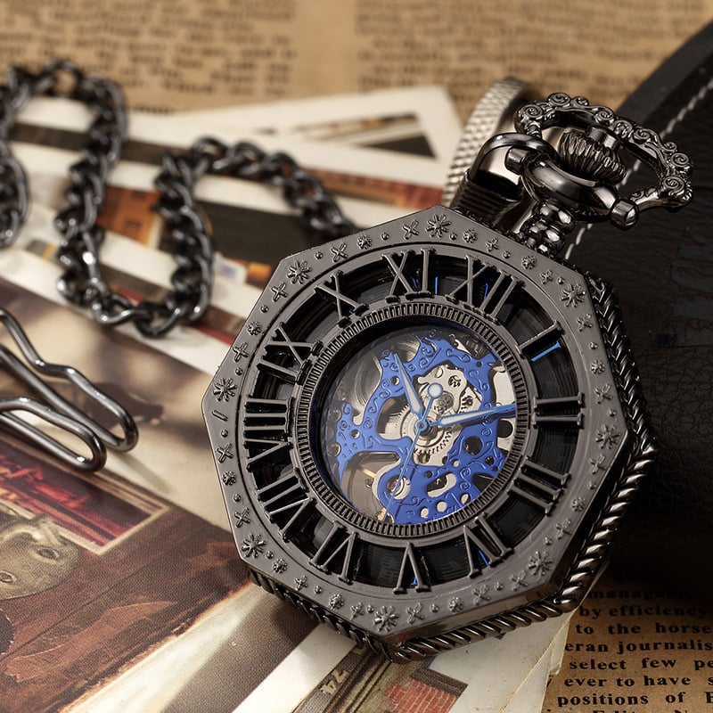 Mechanické vreckové hodinky s dutým osmiuholníkom, rímske čísla, Miyota 618 pohon, priemer ciferníka 43 mm, hrúbka 11 mm