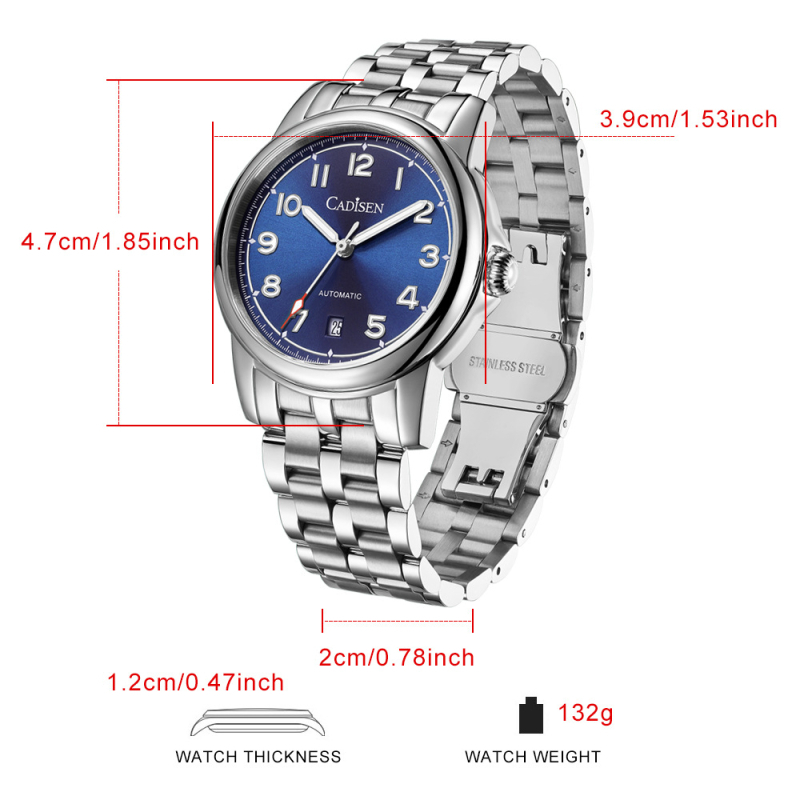 Cadisen ρετρό μηχανικό ρολόι με ιαπωνική κίνηση MIYOTA 8215, φωτιζόμενος καντράν, αδιάβροχο 50m, ημερολόγιο