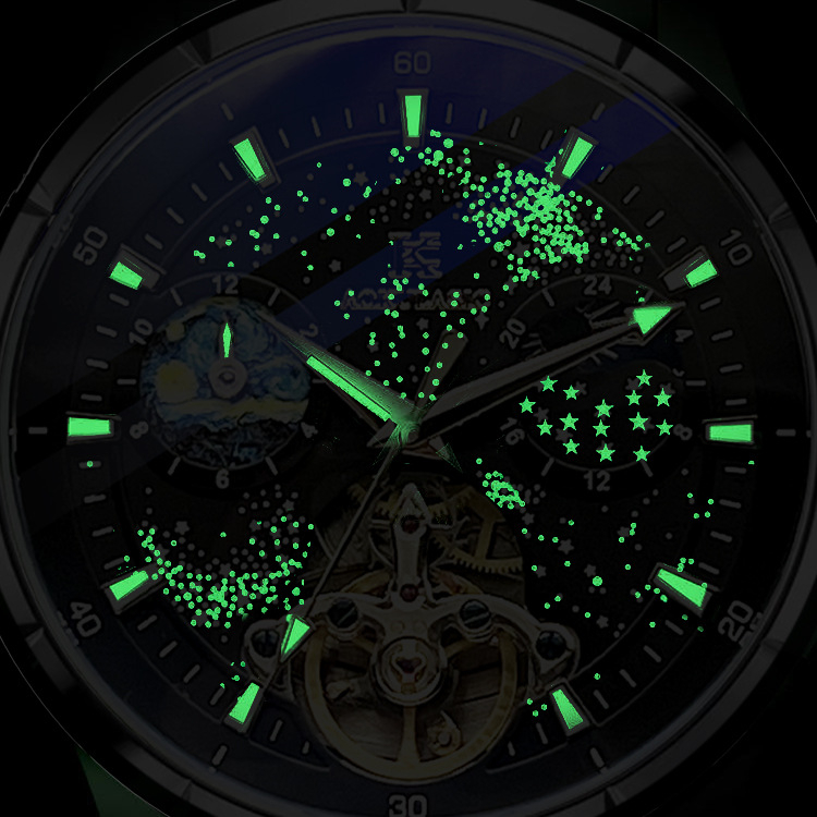 Ανδρικό μηχανικό ρολόι Ogulas 611 — λαμπερό καντράν, ένδειξη 24 ωρών και φάση φεγγαριού, διάμετρος καντράν 41 mm, αδιάβροχο 30 m