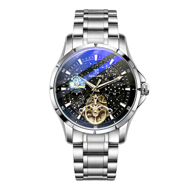 Ανδρικό μηχανικό ρολόι Ogulas 611 — λαμπερό καντράν, ένδειξη 24 ωρών και φάση φεγγαριού, διάμετρος καντράν 41 mm, αδιάβροχο 30 m