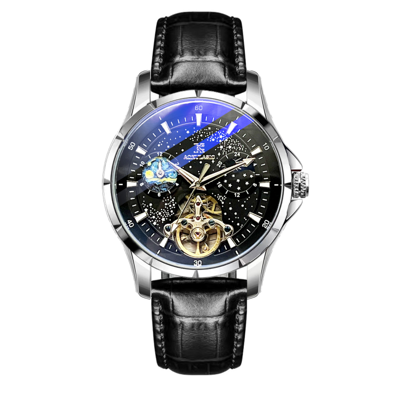 Ανδρικό μηχανικό ρολόι Ogulas 611 — λαμπερό καντράν, ένδειξη 24 ωρών και φάση φεγγαριού, διάμετρος καντράν 41 mm, αδιάβροχο 30 m