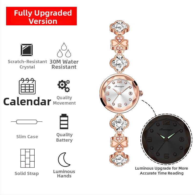 Bonarger dámske quartz hodinky, model 8015A, 30M vodeodolné, puzdro a remienok zliatiny, minerálne posilnené sklo, ozdobné prvky, luminiscencia, kalendár