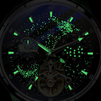 Ανδρικό μηχανικό αυτόματο ρολόι με φωτεινούς δείκτες, 24ωρη ένδειξη, φάση φεγγαριού, ζαφειρένιο κρύσταλλο, αδιάβροχο 30m