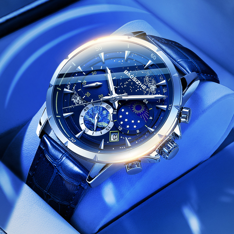 Muški sat sa švicarskim kvarcnim mehanizmom, prikaz lunine faze, kalendar s datumom, svjetleće oznake, vodootpornost 30M