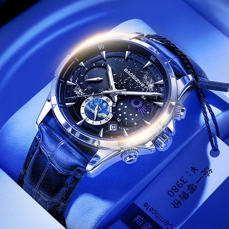 Muški sat sa švicarskim kvarcnim mehanizmom, prikaz lunine faze, kalendar s datumom, svjetleće oznake, vodootpornost 30M