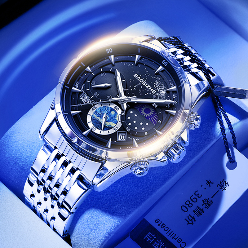 Muški sat sa švicarskim kvarcnim mehanizmom, prikaz lunine faze, kalendar s datumom, svjetleće oznake, vodootpornost 30M