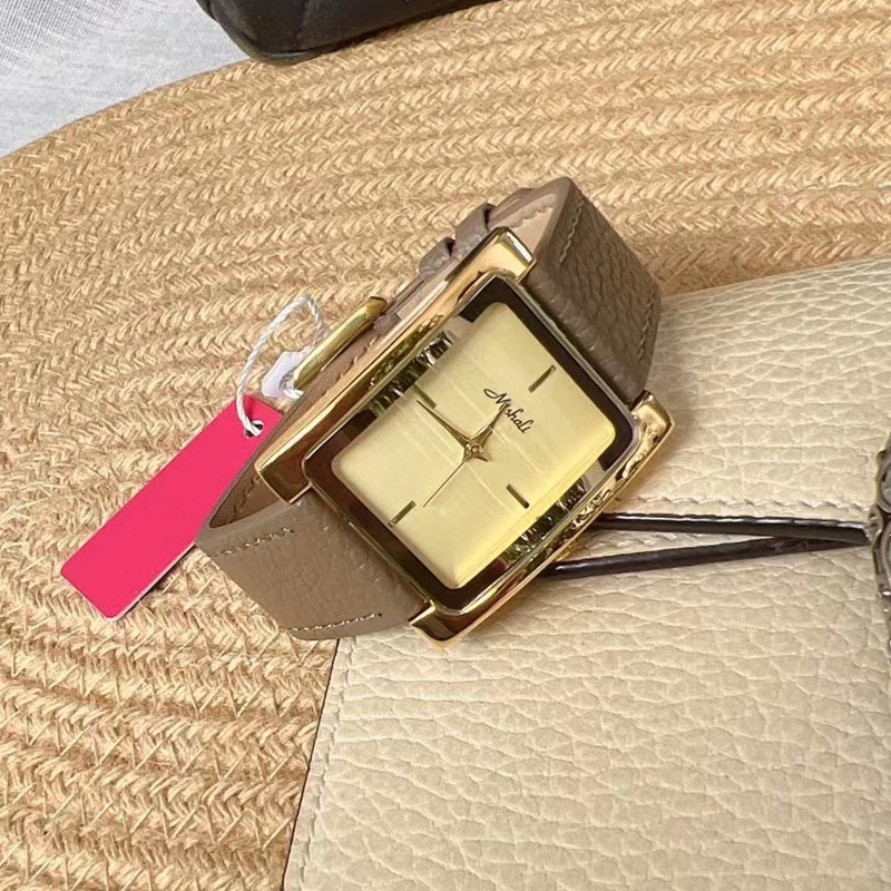 Ceas de damă - Carcasă dreptunghiulară, piele naturală, mișcare cuarț (Japan MIYOTA), rezistență la apă 10 m, Carcasă din aliaj, Geam mineral