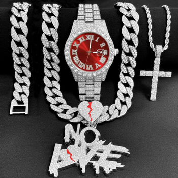 Dijamantni muški sat u hip-hop stilu s kubanskom naruknicom i ogrlicom, No Love privjesak i križ — pet dijelni set sati