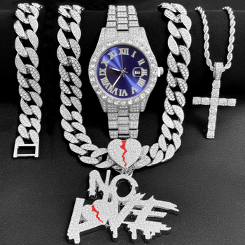 Dijamantni muški sat u hip-hop stilu s kubanskom naruknicom i ogrlicom, No Love privjesak i križ — pet dijelni set sati