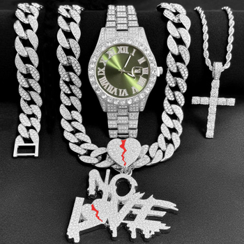 Dijamantni muški sat u hip-hop stilu s kubanskom naruknicom i ogrlicom, No Love privjesak i križ — pet dijelni set sati