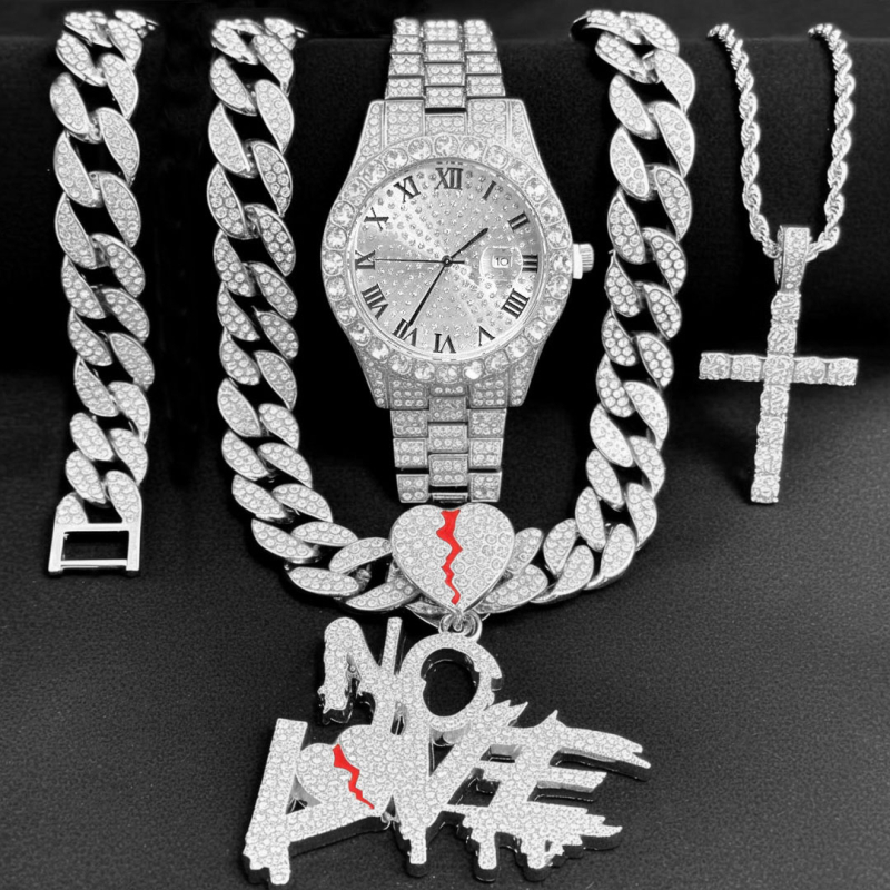 Dijamantni muški sat u hip-hop stilu s kubanskom naruknicom i ogrlicom, No Love privjesak i križ — pet dijelni set sati