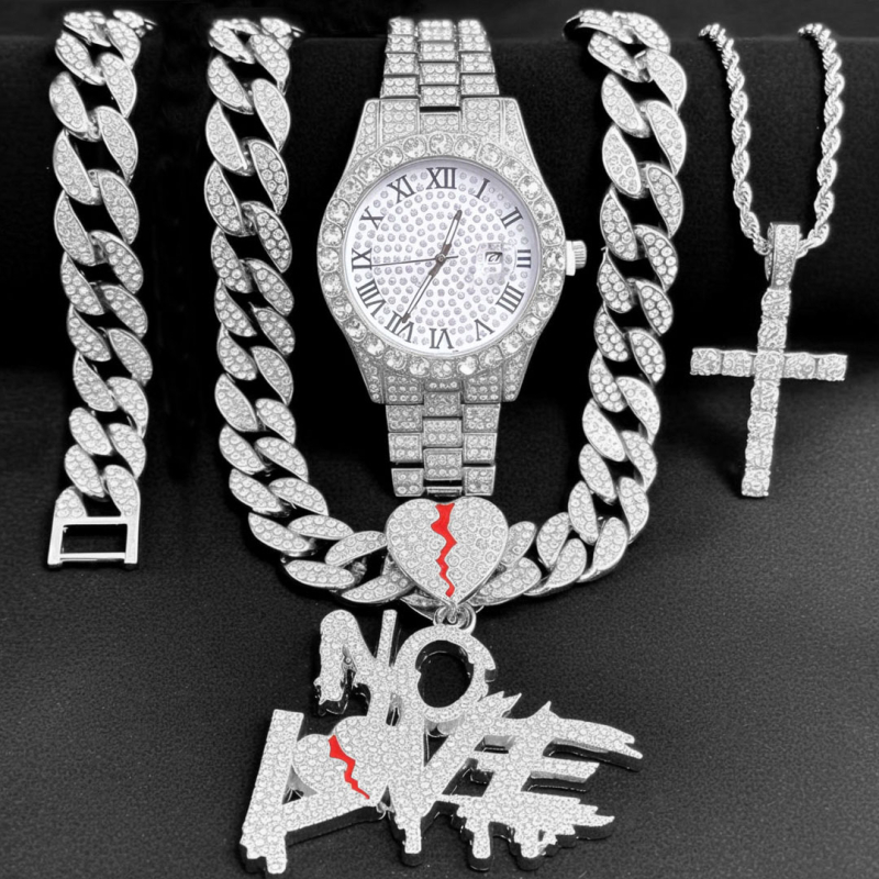 Dijamantni muški sat u hip-hop stilu s kubanskom naruknicom i ogrlicom, No Love privjesak i križ — pet dijelni set sati