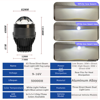 X5 trojité LED hmlové svetlo s šošovkou, 65W, 12V, vodotesné, laserové hmlové svetlo, 10000 lm, životnosť 50000 h, diaľkový a bližší lúč