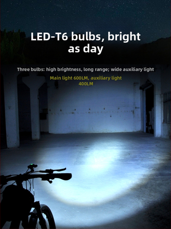 Kalnu velosipēda priekšējais lukturs ar augstas jaudas trīs kodolu LED, 8,4V, galvenais LED T6 un palīg LED XPE