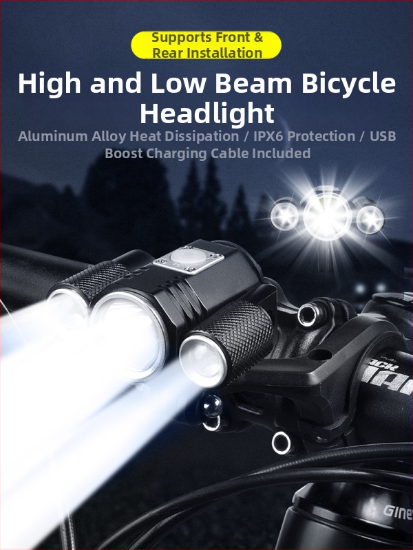 Kalnu velosipēda priekšējais lukturs ar augstas jaudas trīs kodolu LED, 8,4V, galvenais LED T6 un palīg LED XPE