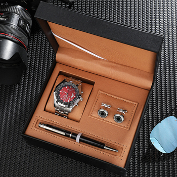 Férfi kvarc karóra készlet naptár és világidő funkcióval - kerek ötvözet tok, ötvözet szíj (3 darabos készlet)