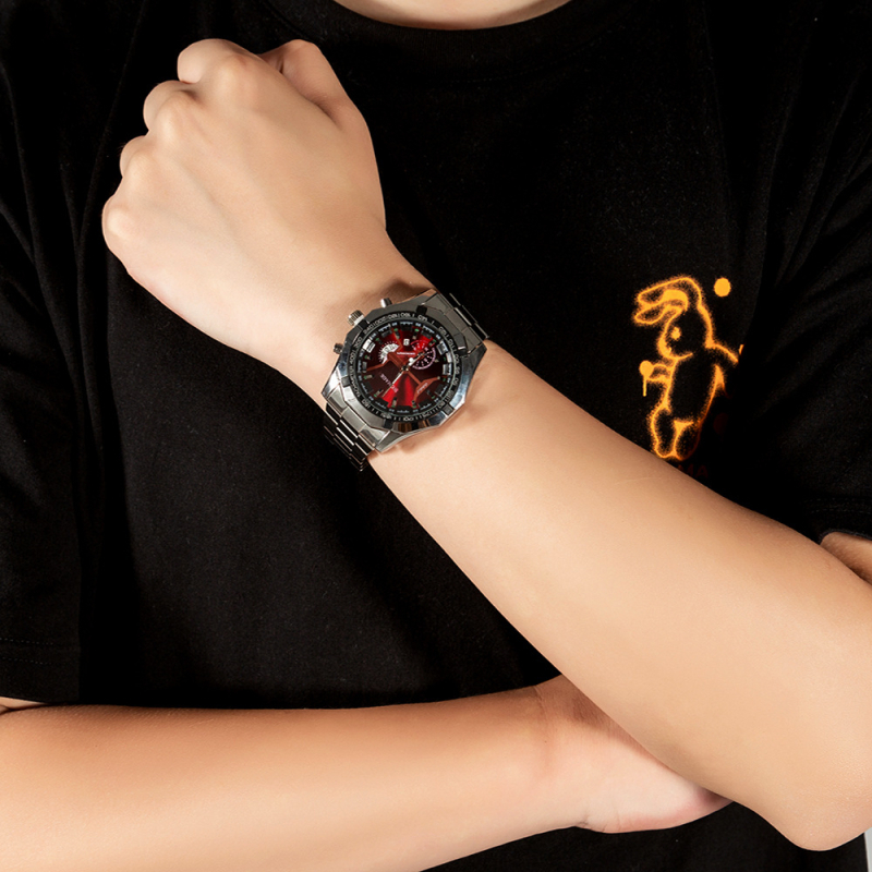 Férfi kvarc karóra készlet naptár és világidő funkcióval - kerek ötvözet tok, ötvözet szíj (3 darabos készlet)