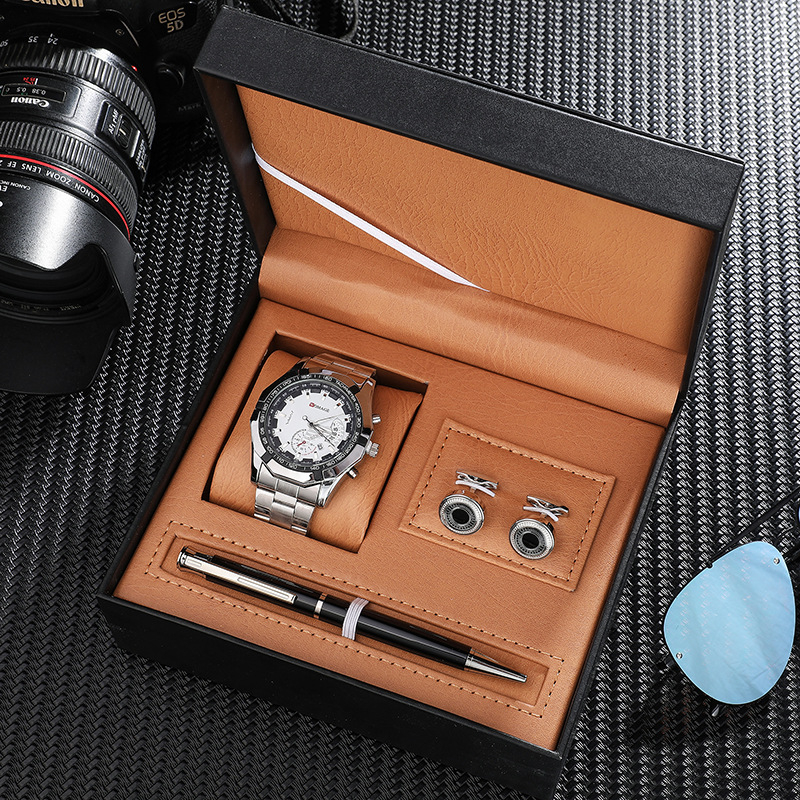 Férfi kvarc karóra készlet naptár és világidő funkcióval - kerek ötvözet tok, ötvözet szíj (3 darabos készlet)