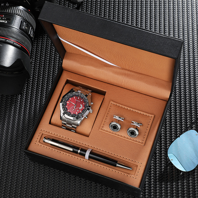 Férfi kvarc karóra készlet naptár és világidő funkcióval - kerek ötvözet tok, ötvözet szíj (3 darabos készlet)