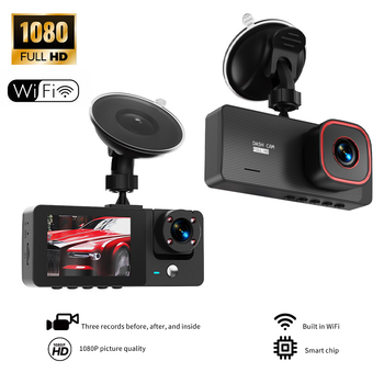 Dash cam cu trei camere: față, interior și spate, 1080p, unghi 140°, 4G, suport card TF