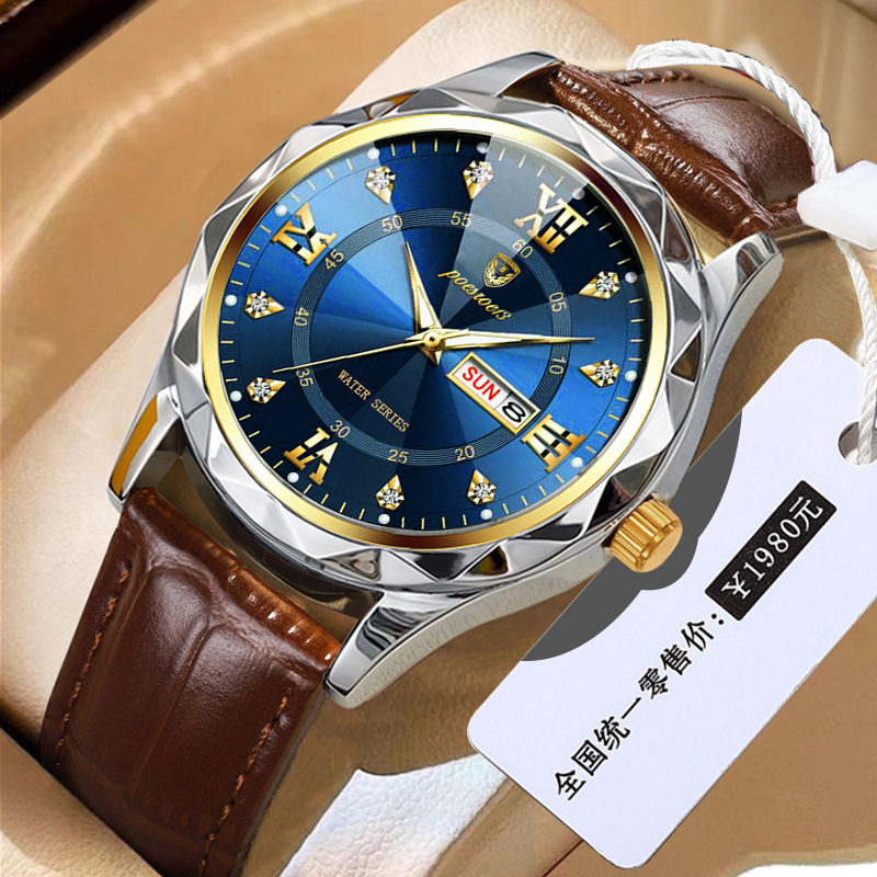 Muški kvarcni sat s dvostrukim kalendarom i luminiscencijom, kožni kaiš, vodootpornost 10 m