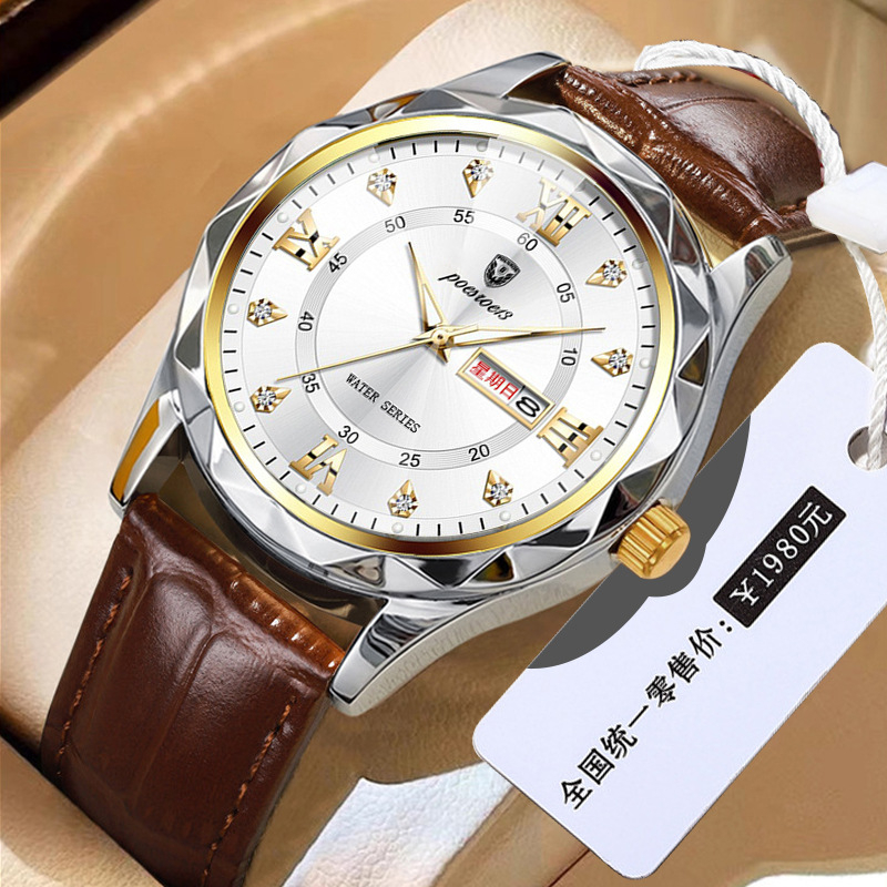 Muški kvarcni sat s dvostrukim kalendarom i luminiscencijom, kožni kaiš, vodootpornost 10 m