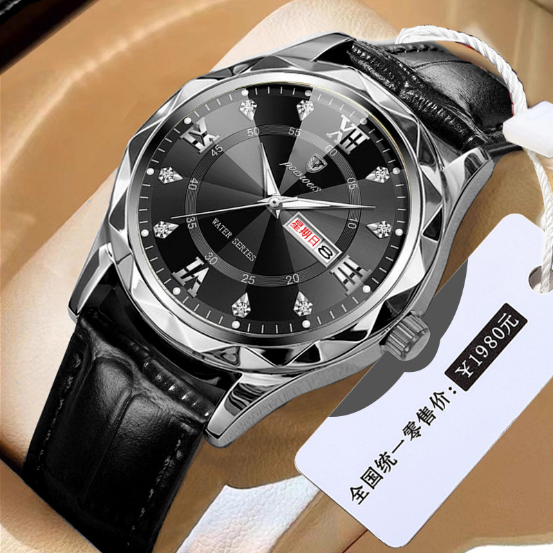 Muški kvarcni sat s dvostrukim kalendarom i luminiscencijom, kožni kaiš, vodootpornost 10 m